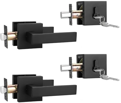 Brotima 2 Pack Keyed Front Door Lockset with Deadbolt, Reversible Passage Lever and Keyed Alike Double Cylinder Deadbolt, Matte Black Square Entry Handleset for Bedroom, Front Door