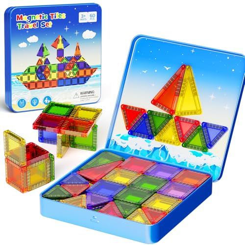YOGOHEE 60 pezzi di tessere magnetiche per bambini, mattoncini magnetici con scatola di ferro portatile, giocattoli educativi STEM giocattoli per bambini e bambine(Blu)