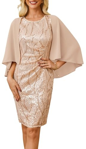 GRACE KARIN Women Prom Dress Sparkly Sequin Cocktail Dress with Chiffon Shawl Round Neck Formal Evening Party Midi Dresses Black L