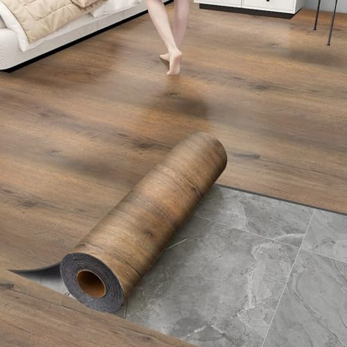 Luxury Thicken Wood Grain Peel and Stick Floor Tiles Self-Adhesive Vinyl Flooring Roll-DIY Easy for Wall and Floor,Hard Surface/Waterproof/Anti Slip (Brown Vinyl Flooring, 17.72 W x 393.7 L)