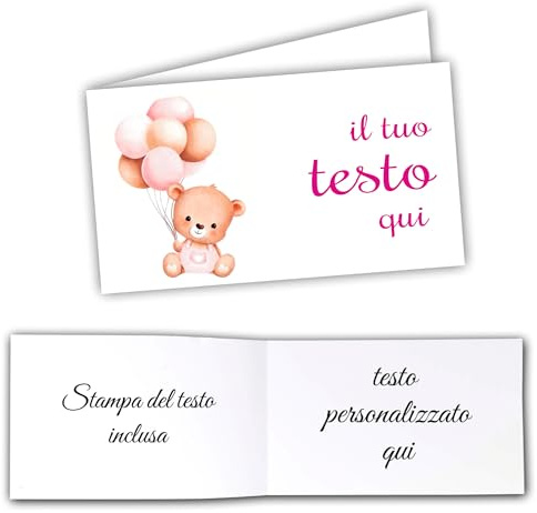Mr Pubblicità - Stampa Inclusa - 60 Bigliettini Bomboniere Personalizzati per Battesimo, Primo Compleanno, Nascita - Bimbo Bimba - Etichette(Orsetta)