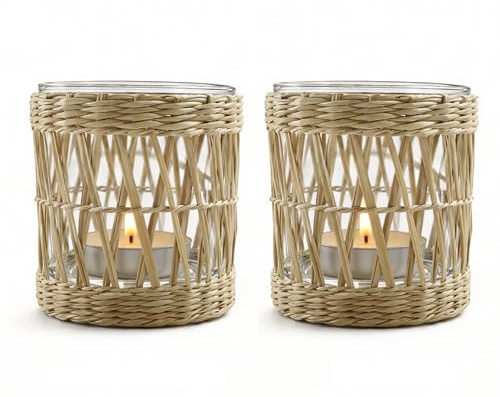 Ljusstake, makramégirlang, vindljus, dekorativa ljus, ljushållare i vintagestil av halm, beige boho-dekoration, balkong för ljus och torkade blommor och dekoration (2 st – 8,5 x 7,5)