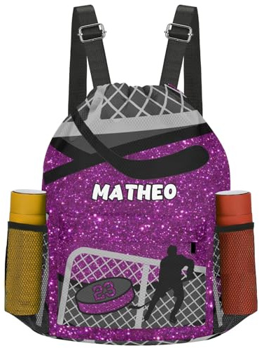 LiSoAkWE Sport Number Grape Ice Hockey Player Drawstring Travel Bag for Sports Girls Boys,Personalized Gym Bag Customized Gifts