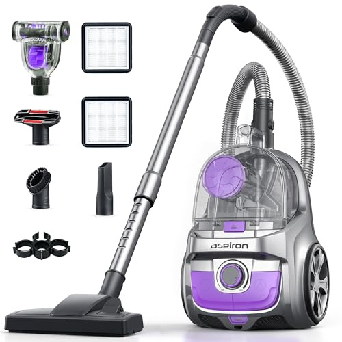 Aspiron Canister Vacuum Cleaner, 40Kpa Bagless Vacuum Cleaners, 4QT Large Dust Cup, Double HEPA Filter, Retractable Cord, 1600W Lightweight Vacuum Cleaner with 5 Tools for Hard Floors, Mauve