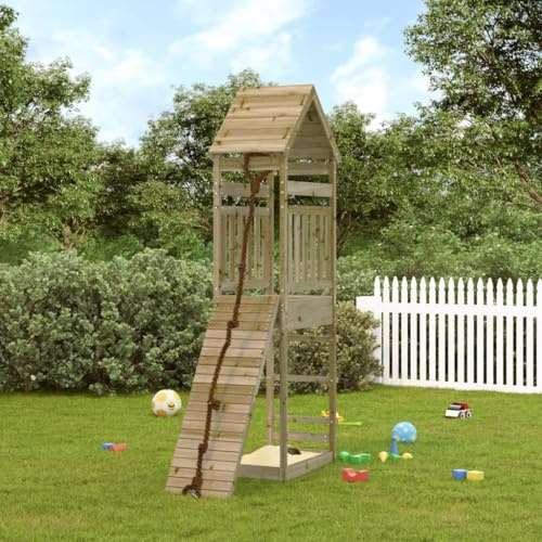 Ordellia Torre de juegos con pared de escalada de pino impregnado, plataforma de 90 cm, zona de juegos para niños de 3 a 8 años, con arenero y techo de madera para exteriores