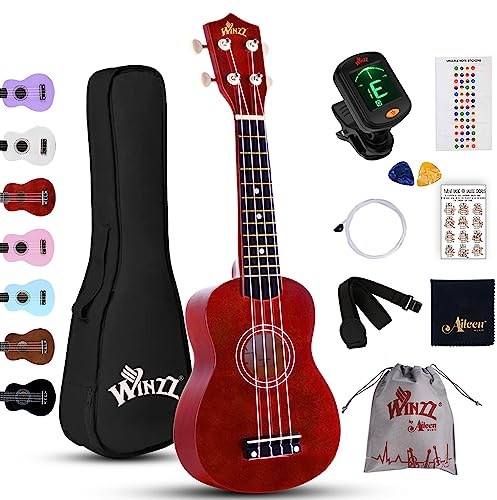 Winzz Ukelele Soprano Starter Kit para Principiante. Incluye: Funda, Afinador, Cuerdas Extra, Correa Ajustable, Púas, Pegatinas de notas, Guía de Acordes y Paño de pulido. Color: Marrón