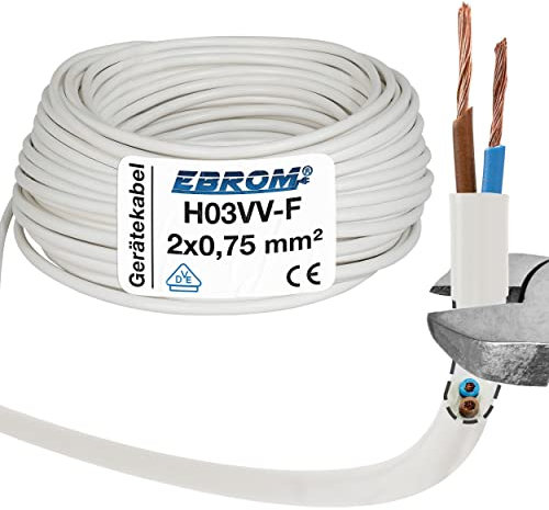 EBROM Kunststoff Schlauchleitung RUND, LED Kabel, Stromkabel, Leitung, Gerätekabel H03VV-F 2x0,75 mm² Farbe: weiß, viele Längen in 5 m Schritten bis 250 Meter 2x0,75 mm2, Ihre Kabellänge: 10 Meter
