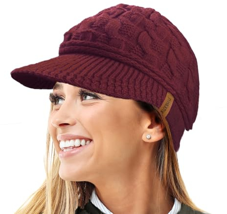 TOSKATOK Ladies Peaked Cable Knit Warm R80 Teddy Fleece Lined Beanie Winter Hat Cap-Burgundy