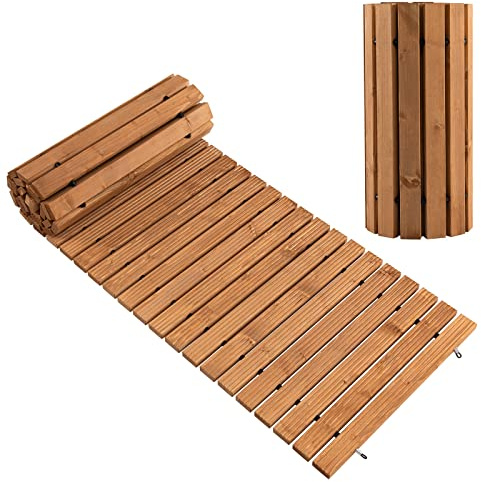 GOPLUS Sendero Largo de Jardín de 2,4 m de Madera, Pasarela Recta Resistente al Clima con Sólido Alambre de Acero y Patrones Antideslizantes, Plataforma de Madera de Abeto Enrollable para Terraza