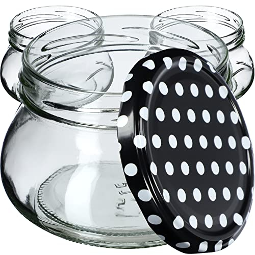 KADAX Lot de 50 petits bocaux en verre miniatures de 300 ml pour miel et épices, pots à confiture avec couvercle, bocaux hermétiques à offrir (pois noirs à pois)