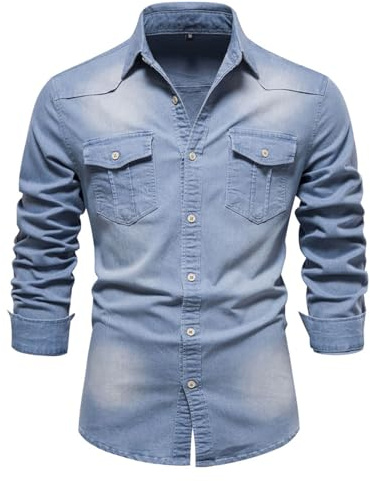 HOTIAN Camisa para hombre, de mezclilla, manga larga, para ocio, negocios, ajuste ajustado, azul claro, S