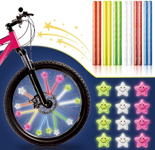 24 Stück Speichenreflektoren Fahrrad Kinder Fahrrad Zubehör Kinder Katzenaugen Fahrrad Kinder,Bunte Fahrradspeichen Speichen Reflektierende Sterne Reflektoren Fahrrad. (Kein Warnhinweis zutreffend A)