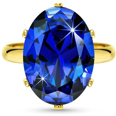 Linawe Sapphire Rings for Women Gold, Blue Stone Crystal Cubic Zirconia Imitation Diamond Love Mood Chunky Boho Costume Jewellery Dupes, Cocktail Oval Birthstone Rhinestone