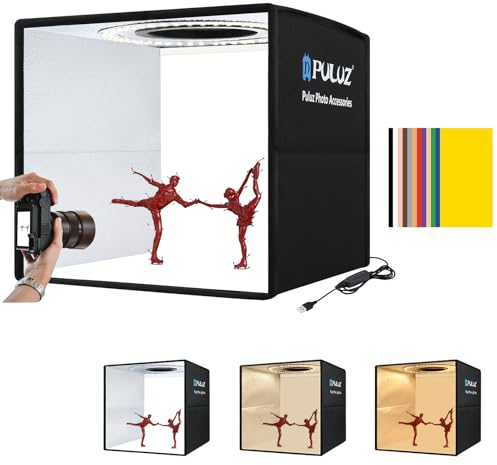 PULUZ Mini Caja Luz Fotos 25x25cm, Fotografias com Caixa de Luz Portátil con Regulable 3 Temperaturas de Colores & 96 Luces LED CRI >90 & 12 Fondos Fotográficos para Fotografía de Producto pequeño