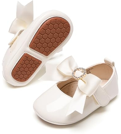 PHIRAMIN Baby Girls Ivory White Mary Jane Flats - Infant 6-9 Months Walking Shoes Soft Rubber Sole Princess Wedding
