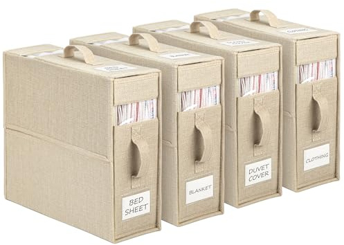 Yeahshion Förvaringsväska för lakan, 4 stycken vikbara sängkläder arrangör, praktisk förvaring av sängkläder och filtar för King & Queen size sängar, beige