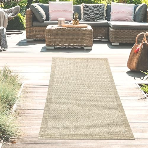 Teppich-Traum Teppich Wohnzimmer Outdoor Läufer Flur Garten Balkon Terrasse wetterfest strapazierfähig farbecht mit originellem unifabenen Muster in beige, 80 x 150 cm