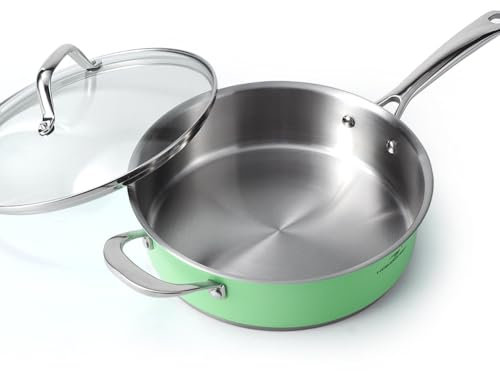 HOMICHEF 24CM Mint Green Nickel Free Stainless Steel Saute Pan Induction Oven Safe - 2.37 L Non Toxic Stainless Steel Deep Fry Pan with Glass Lid
