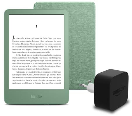 El nuevo Kindle (versión 2024) de 16 GB sin anuncios, una funda de tela de Amazon y un adaptador de corriente Amazon Powerfast de 9 W.