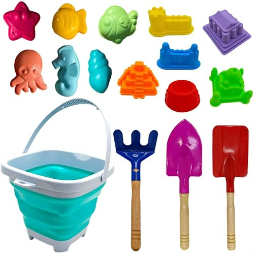 Vndnsy Ensemble de Jouets de Plage et de Sable pour Enfants, Jouets de Plage d'extérieur, avec Seau de Plage Pliable, moules Marins et pelles à Sable pour Tout-Petits pour Enfants garçons et Filles