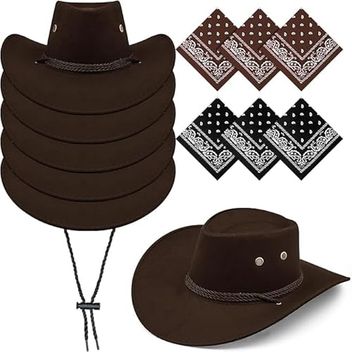 MALLOOM Lot de 6 Chapeau de cowboy avec bandana, chapeau de cowgirl avec cordon de serrage réglable, Noir costume pour adulte, accessoires de fête, chapeau de cowboy pour fête (Brun)