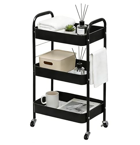 ZOESTORAGE Rollwagen mit 3 Etagen, Aufbewahrungswagen aus Metall mit Rollen für Zuhause, Badezimmer, Küche, Wäsche, Büro und Rollwagen Küche für Bücher, Gemüse und Snacks, Schwarz