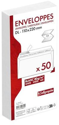 Calligrapher (Clairefontaine) 5965C - Pack of 50 White Envelopes - Size: DL-110x220mm - Self-Adhesive - 80g/m² - Correspondence - Manufactured in France