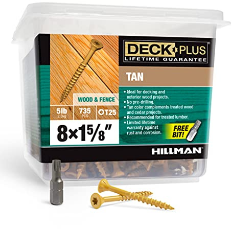 Deck Plus 1-5/8 Inch Epoxy Coated Exterior Wood and Fence Screws #8 x 1-5/8 Torx/Star Drive Included Coarse Thread, Outdoor Rust Resistant Decking Screw, Tan, 5 lb Box, 735 Pieces | 48412