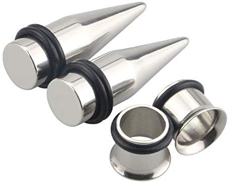 Awinrel Stainless Steel Ear Gauge Taper Stretching and Single Flare Plugs Flesh Tunnel Kit with O-ring 2 Pairs Silver 00G 10mm
