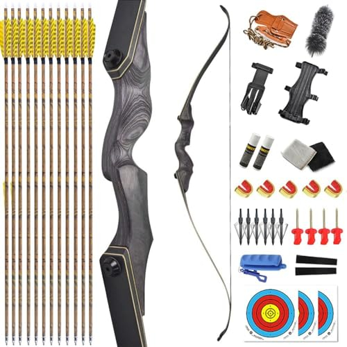 AMEYXGS 60” Bogenschießen Takedown Recurve Bogen und Pfeil Set Holz Riser 25-60lbs Jagdbogen Traditioneller Langbogen Outdoor Jagd Erwachsener Bogen Linkshänder (Bogenset, 30lbs)