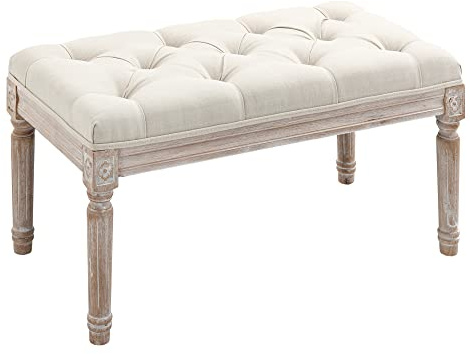 HOMCOM Banco Pie de Cama, Taburete Pie de Cama Tapizado en Lino Sintético con Patas de Madera y Asiento Acolchado, Estilo Vintage, Banco para Dormitorio, Entrada, Pasillo, Beige