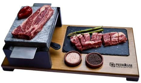 Piedra para asar carne de 15x20 con quemador y plato de pizarra Modelo deluxe