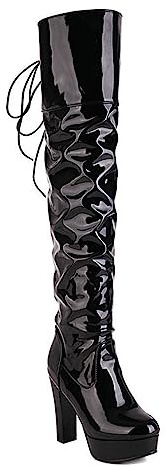 WOkismD Botas por Encima de la Rodilla con Plataforma para Mujer, Botas largas de tacón Grueso con Punta Redonda y Cordones Traseros, Botas Altas hasta el Muslo de Charol