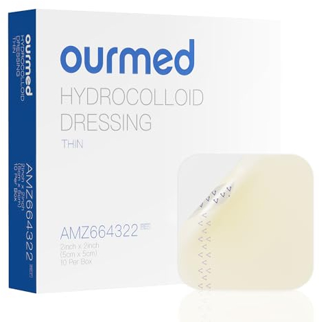 Ourmed Hydrokolloid Pflaster groß 5 x 5 cm, 0.3 mm dick, wasserdichtes Wundpflaster mit Klebefläche für leichte Exsudatwunden, Blasen, Akne, oberflächliche Wundversorgung, 10 Stück