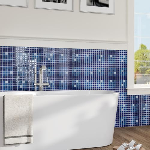 CRE8TIVE Baldosas Adhesivas Pared Azul 16 Piezas 3D Azulejos Adhesivos Mosaico Impermeable 30.5 x 30.5 Azulejos Ceramica Azulejos Adhesivos Baño Cenefas Adhesivas Cocina Revestimiento Pared Escaleras