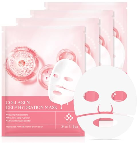 Masque visage au collagène, lot de 4 masques au collagène, masque hydrogel hydratant de nuit, véritables masques visage au collagène à hydratation profonde, amélioration de l'élasticité