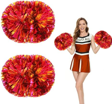 Yuqilin 2 Pezzi Pon Pon Cheerleader，Frizzante Pompoms Cheerleading Metallo Pom Pom Cheerleader Squadre Sportive Cheerleading con Maniglia，per Competizione Sportiva Spirito Squadra（Oro+Rosso）