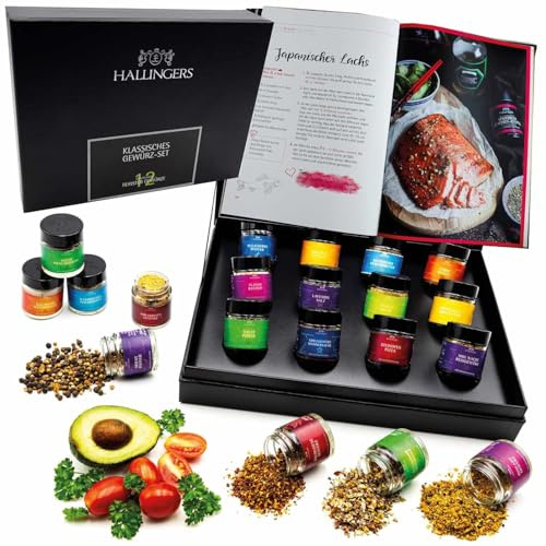 Hallingers Genuss Manufaktur Gewürze Geschenkset im Bundle mit Kochbuch – 12 Premium Gewürze aus aller Welt, edle Geschenkbox, handgemacht, ideale Geschenkidee für Männer & Frauen, Weihnachten