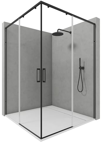 NEBADOON Mampara de Ducha Angular 2 Fijos + 2 Correderas - Mamparas de ducha Corredera Cristal Templado 6 mm Antical Negro Mate – Puertas Reversibles – 77,5–80 x 92,5–95 cm Adaptable 4cm x 195 cm Alto