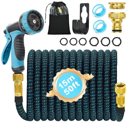 Tubo flessibile da giardino da 15 m con 10 funzioni, tubo flessibile estensibile, adattatore in ottone pieno 1/2' 3/4, borsa da parete per esterni, blu
