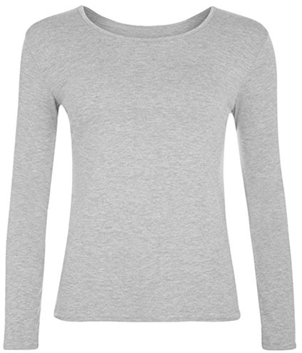 Women Long Sleeve T-Shirt Top Basic Casual Plain Stretch Vest Body Blouse Tee Layering, M/L 12-14, Silver Grey