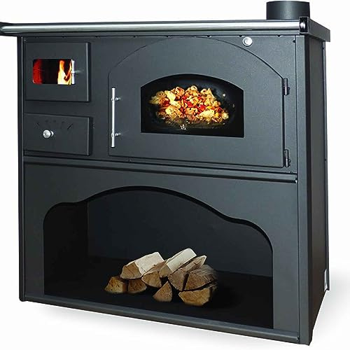 Stufa a Legna Cucina a Legna con Forno in Acciaio Verona 5,9-10 kW con Piastra di Cottura Termometro Forno Regolazione Aria Porta Salviette