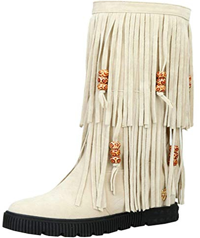 Birdsight Bottes Indiennes Femme Mi-Mollet Bottine Compensé Frange Chaussures Chaud Hiver Mid Calf Boots Shoes Winter Bootie(Blanc,39)