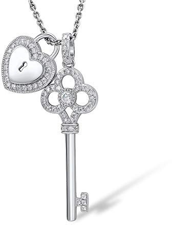 namana Collana Argento 925 con Ciondolo a Forma di Cuore e Chiave con Pietre Zirconi, Collana con Ciondoli Lucchetto a Forma di Cuore e Chiave, Collana Donna Argento 925 per Donna e Ragazza