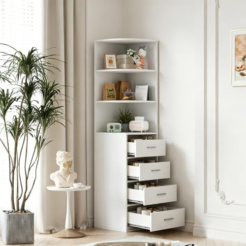 Rainbow Tree Utility 3-Tier Shelves & 4 Drawers Corner Cabinet White for Living Room/Bedroom, Bathroom Corner Storage Cabinet, Cupboard Sideboard for Living Room, Tall & Slim Shelving Unit Cabinet