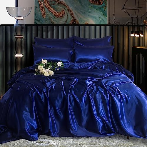 ROOEE Juego completo de ropa de cama de satén, 6 piezas, sábana ajustable, funda de edredón, 4 fundas de almohada. Color - Azul marino Tamaño - Matrimonial