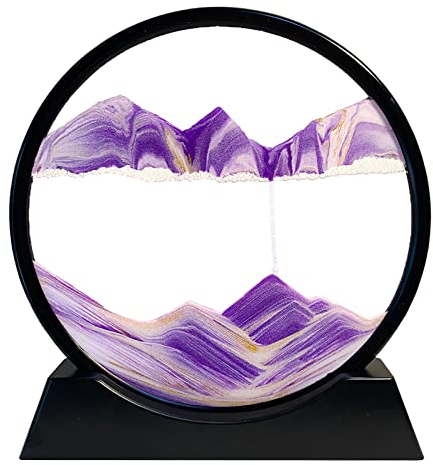 Dynamisch 3D Sandbilder zum Drehen, Fließende Sandmalerei runder Glas Rahmen, Bewegtes Sandbild Natürliche Landschaft, Entspannende Dekoration für Büro Heim Desktop-Kunst (Lila, 7)
