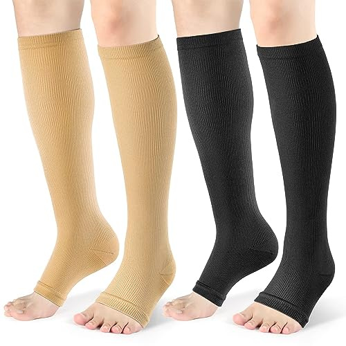 Toeless Compression Socks 15-20 mmHg, 2 Pairs open toe Knee High Support