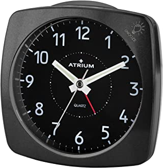 ATRIUM Wecker Analog Quarz ohne Ticken, mit Licht und Snooze Schwarz Metallic A251-7