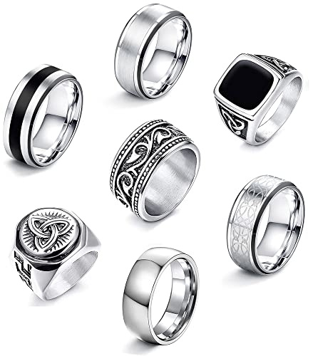 JeweBella 7 Piezas Anillo de Acero Inoxidable Plata Pulida, Nudo Celt Vintage Sello Grande Clásico Negro Conjunto Grabado Goticos para Hombres